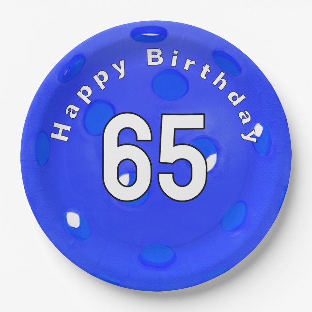 65th Birthday Blue Pickleball Paper Plate (Front)