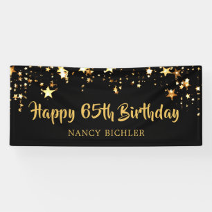 65th Birthday Brush Script Black Gold Stars Banner