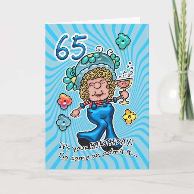 65th Birthday Card - Fun Lady With Glass Of Wine (Front)