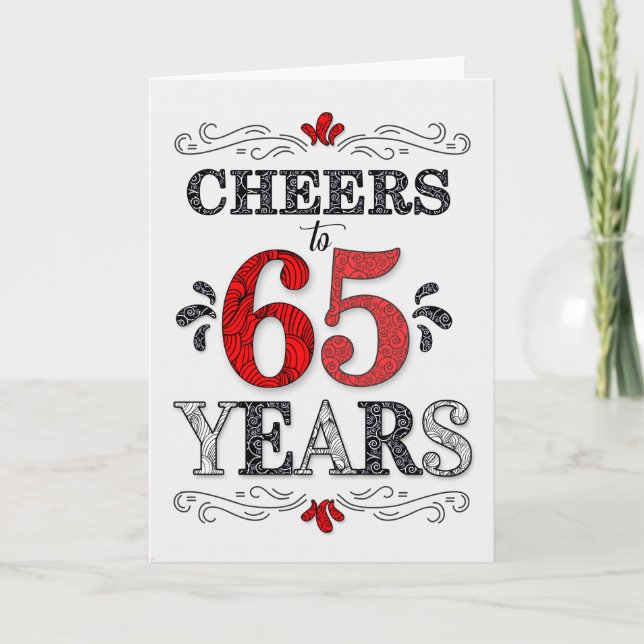 65th Birthday Cheers in Red White Black Pattern Card (Front)