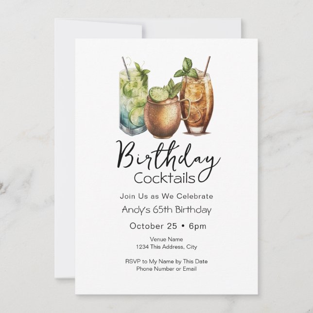 65th Birthday Cocktails Casual Invitation (Front)