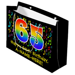 65th Birthday - Colorful Music Symbols, Rainbow 65 Large Gift Bag