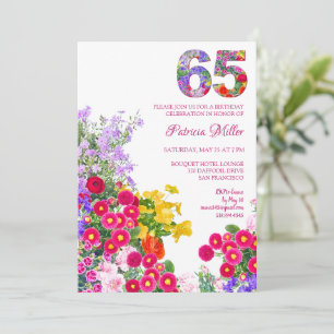 65th Birthday Colourful Floral 65 Garden Party Invitation