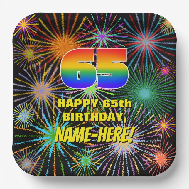 65th Birthday: Colourful, Fun Celebratory Firework Paper Plate (Front)