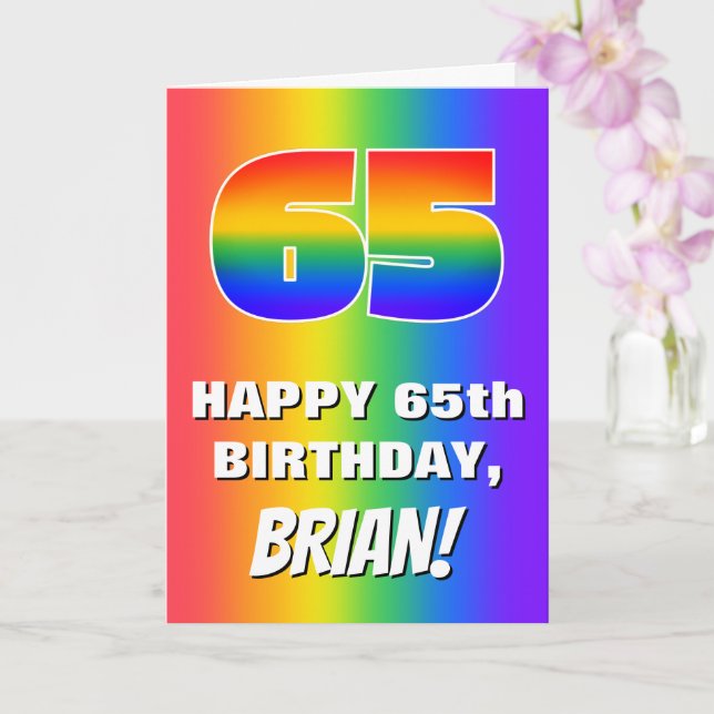 65th Birthday: Colourful, Fun Rainbow Pattern # 65 Card (Orchid)