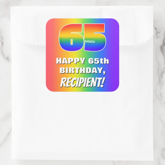 65th Birthday: Colourful, Fun Rainbow Pattern # 65 Square Sticker (Bag)