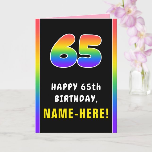 65th Birthday: Colourful Rainbow # 65, Custom Name Card (Orchid)
