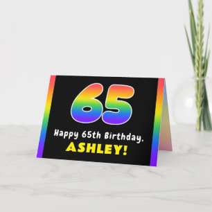 65th Birthday: Colourful Rainbow # 65, Custom Name Card