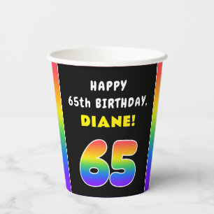 65th Birthday: Colourful Rainbow # 65, Custom Name Paper Cups