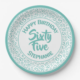 65th Birthday Cool Number Pattern Teal/White Paper Plate