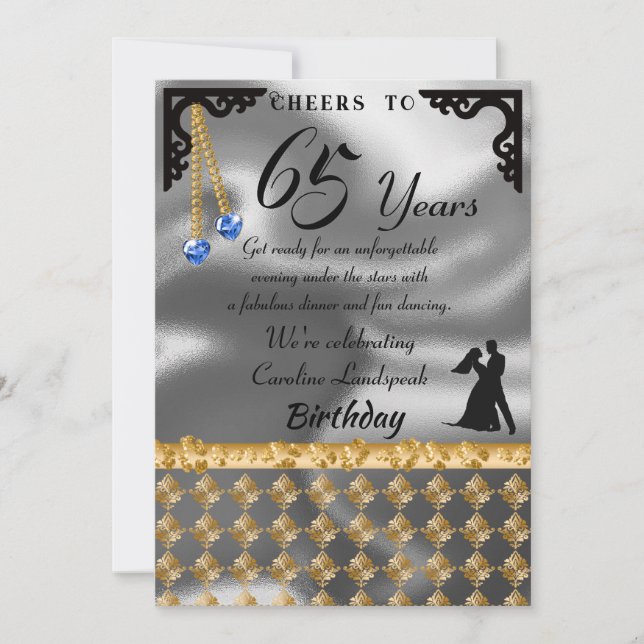 65th Birthday Dance Party Silver Foil, Blue Heart Invitation (Front)