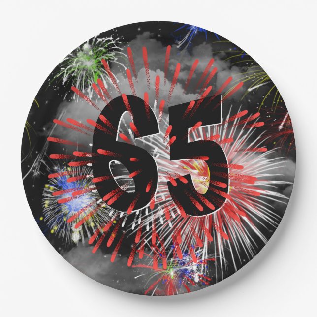 65th Birthday Fireworks In Clouds Paper Plate (Front)