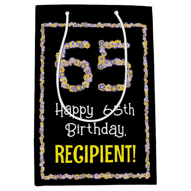 65th Birthday: Floral Flowers Number, Custom Name Medium Gift Bag (Front)