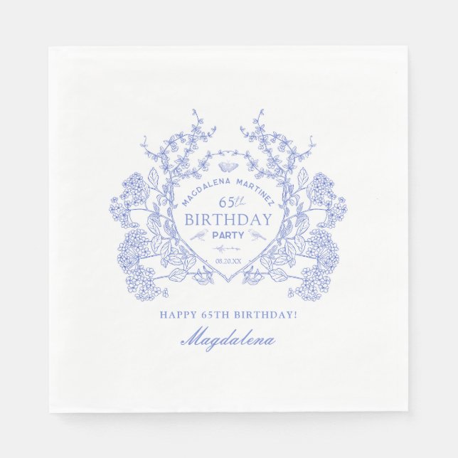 65th Birthday French Blue Floral Crest Custom Napkin (Front)