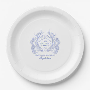 65th Birthday French Blue Floral Crest Custom Paper Plate