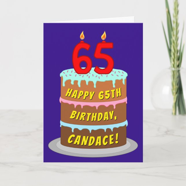 65th Birthday: Fun Cake and Candles + Custom Name Card (Front)