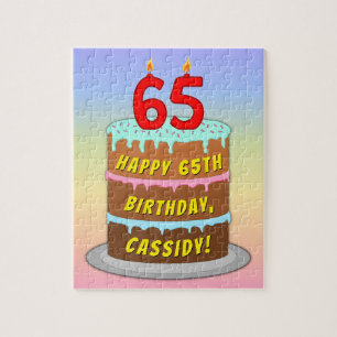 65th Birthday: Fun Cake and Candles + Custom Name Jigsaw Puzzle