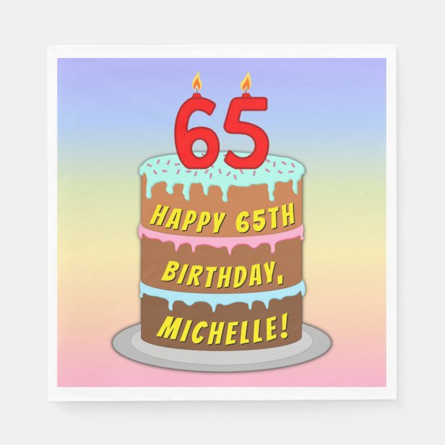 65th Birthday: Fun Cake and Candles + Custom Name Napkin (Front)