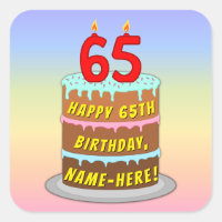 65th Birthday: Fun Cake and Candles + Custom Name