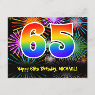 65th Birthday – Fun Fireworks Pattern + Rainbow 65 Postcard