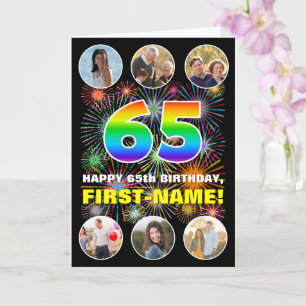 65th Birthday: Fun Rainbow #, Custom Name & Photos Card