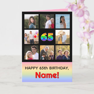 65th Birthday: Fun Rainbow #, Custom Photos + Name Card