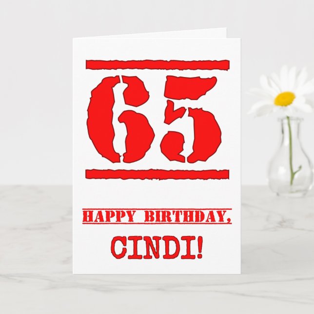 65th Birthday: Fun, Red Rubber Stamp Inspired Look Card (Small Plant)