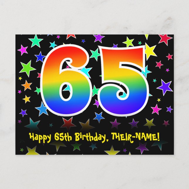 65th Birthday: Fun Stars Pattern, Rainbow 65, Name Postcard (Front)