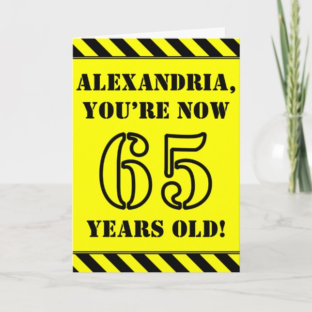 65th Birthday: Fun Stencil Style Text, Custom Name Card (Front)