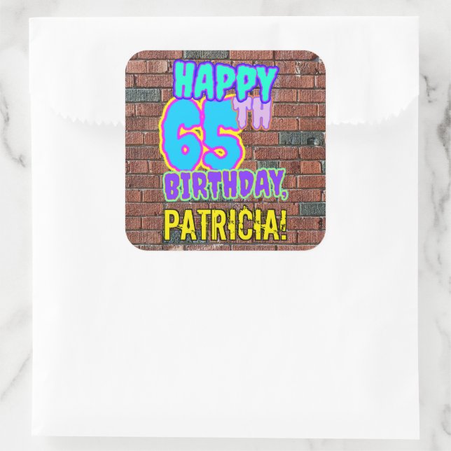 65th Birthday – Fun, Urban Graffiti Inspired Look Square Sticker (Bag)