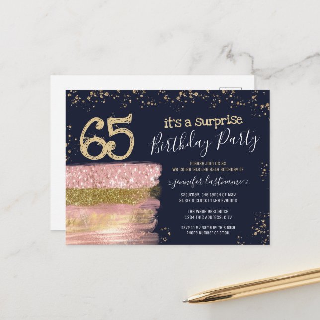 65th Birthday Glitter Cake Surprise Party Postcard (Front/Back In Situ)