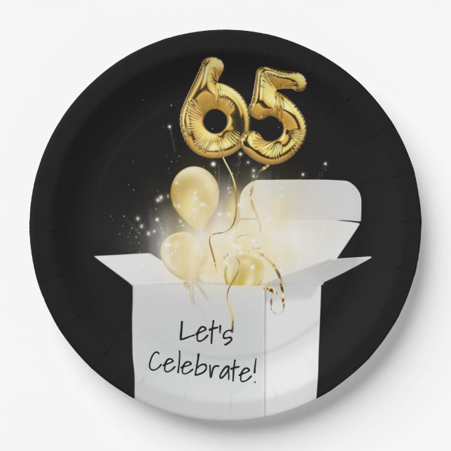 65th Birthday Gold Balloons In White Box  Paper Plate (Front)
