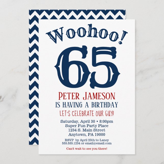 65th Birthday Invitation Mens Navy Blue (Front/Back)
