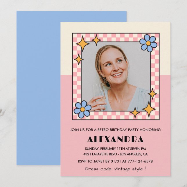 65th birthday invitation Retro Groovy Pink Flowers (Front/Back)