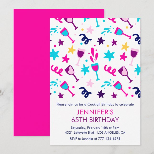 65th birthday invitations Cocktail Modern Pink (Front/Back)