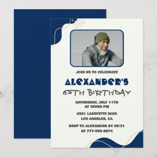 65th birthday invitations Men Blue Simple Photo