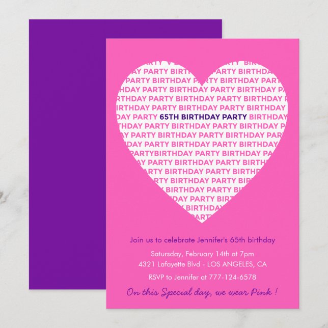 65th birthday invitations Pink Heart Modern (Front/Back)