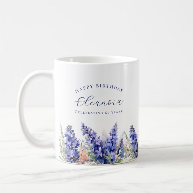 65th Birthday July Birth Flower Gift Custom Coffee Mug (Left)