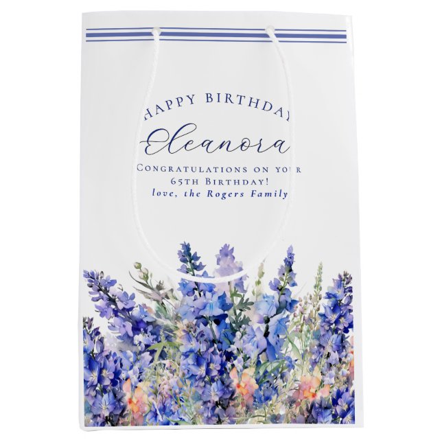 65th Birthday July Birth Month Flower Blue Medium Gift Bag (Front)