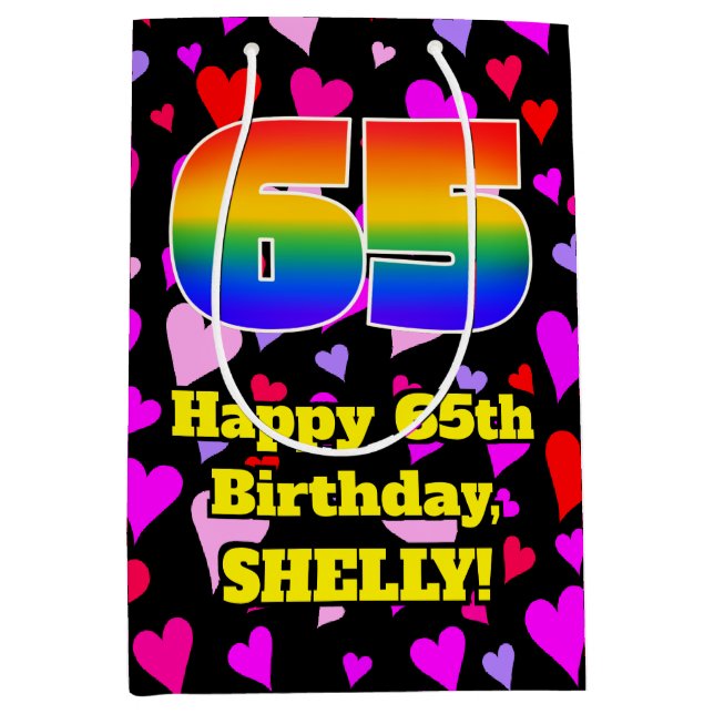 65th Birthday: Loving Hearts Pattern, Rainbow # 65 Medium Gift Bag (Front)