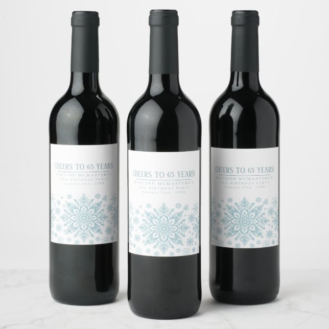 65th Birthday Minimalist Blue Snowflake Custom Wine Label (Bottles)