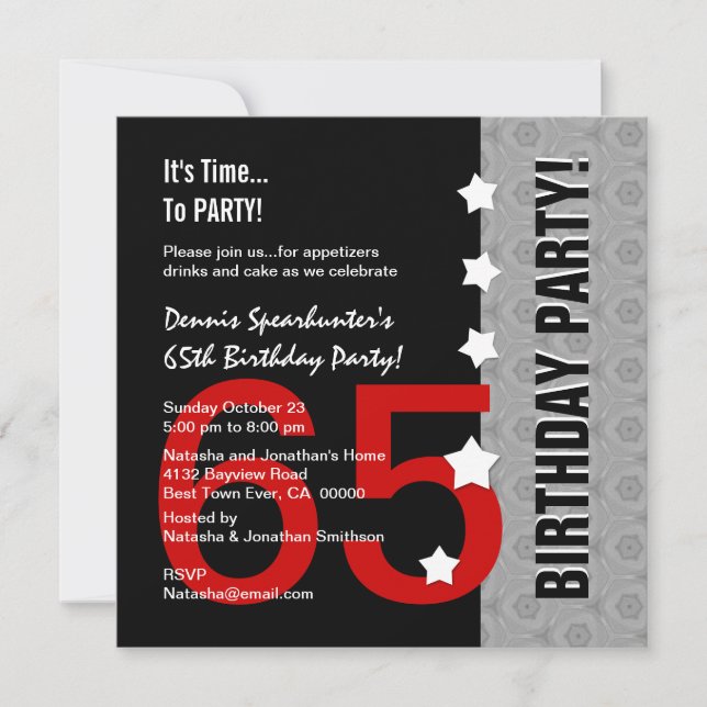 65th Birthday Modern Red Silver Black Funny D845D1 Invitation (Front)