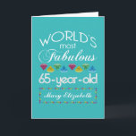 65th Birthday Most Fabulous Colourful Gems Card<br><div class="desc">Celebrate the milestone birthday of your favourite senior citizen with this fun gift reminding them of how fabulous they are. White and grey lettering on deep turquoise background. Colourful diamond-cut gems in rainbow tones serve as accent. Customise with names, initials or other text. This series is in increments of 5...</div>