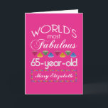 65th Birthday Most Fabulous Colourful Gems Pink Card<br><div class="desc">Celebrate the milestone birthday of your favourite senior citizen with this fun gift reminding them of how fabulous they are. White and grey lettering on deep pink background. Colourful diamond-cut gems in rainbow tones serve as accent. Customise with names, initials or other text. This series is in increments of 5...</div>