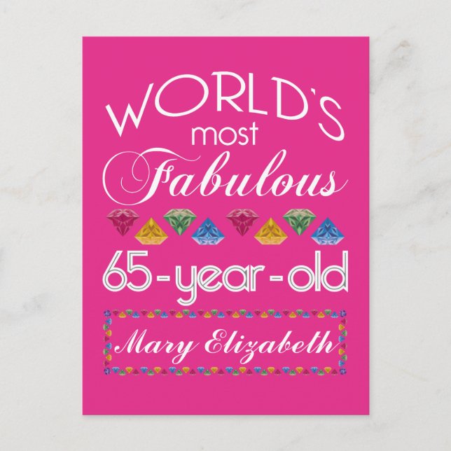 65th Birthday Most Fabulous Colourful Gems Pink Postcard (Front)
