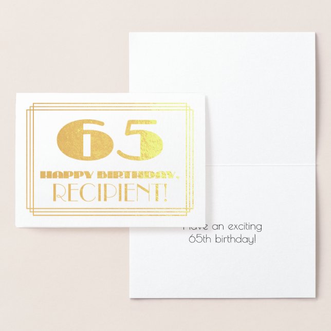 65th Birthday; Name + Art Deco Inspired Look "65" Foil Card (Display)