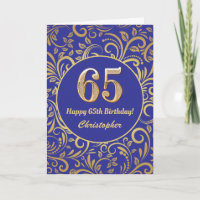 65th Birthday Navy Blue and Gold Floral Pattern