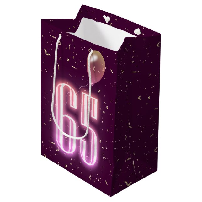 65th Birthday Neon Sign and Confetti Medium Gift Bag (Front Angled)