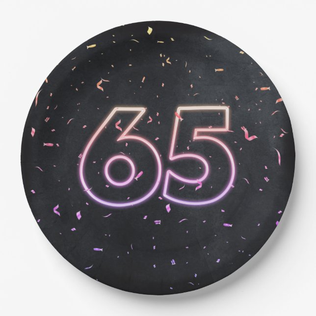 65th Birthday Neon Sign On Black Paper Plate (Front)
