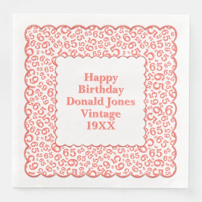 65th Birthday Number Pattern Scallops Coral/White Napkin (Front)
